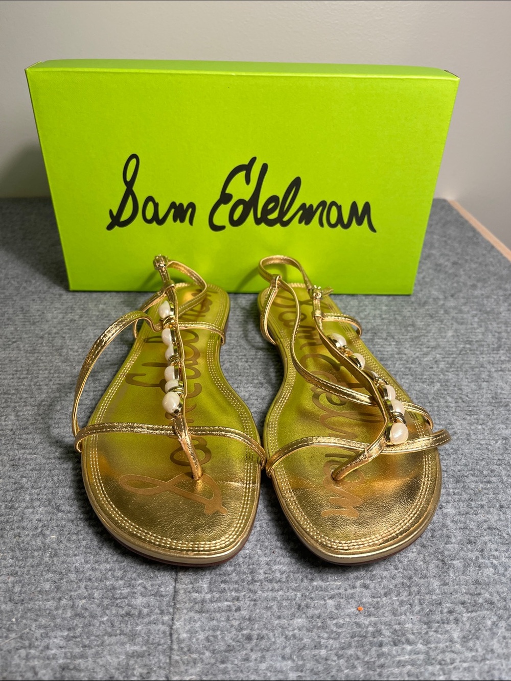 Sam Edelman Metallic Gold Beaded T-Strap Women's Sandals
